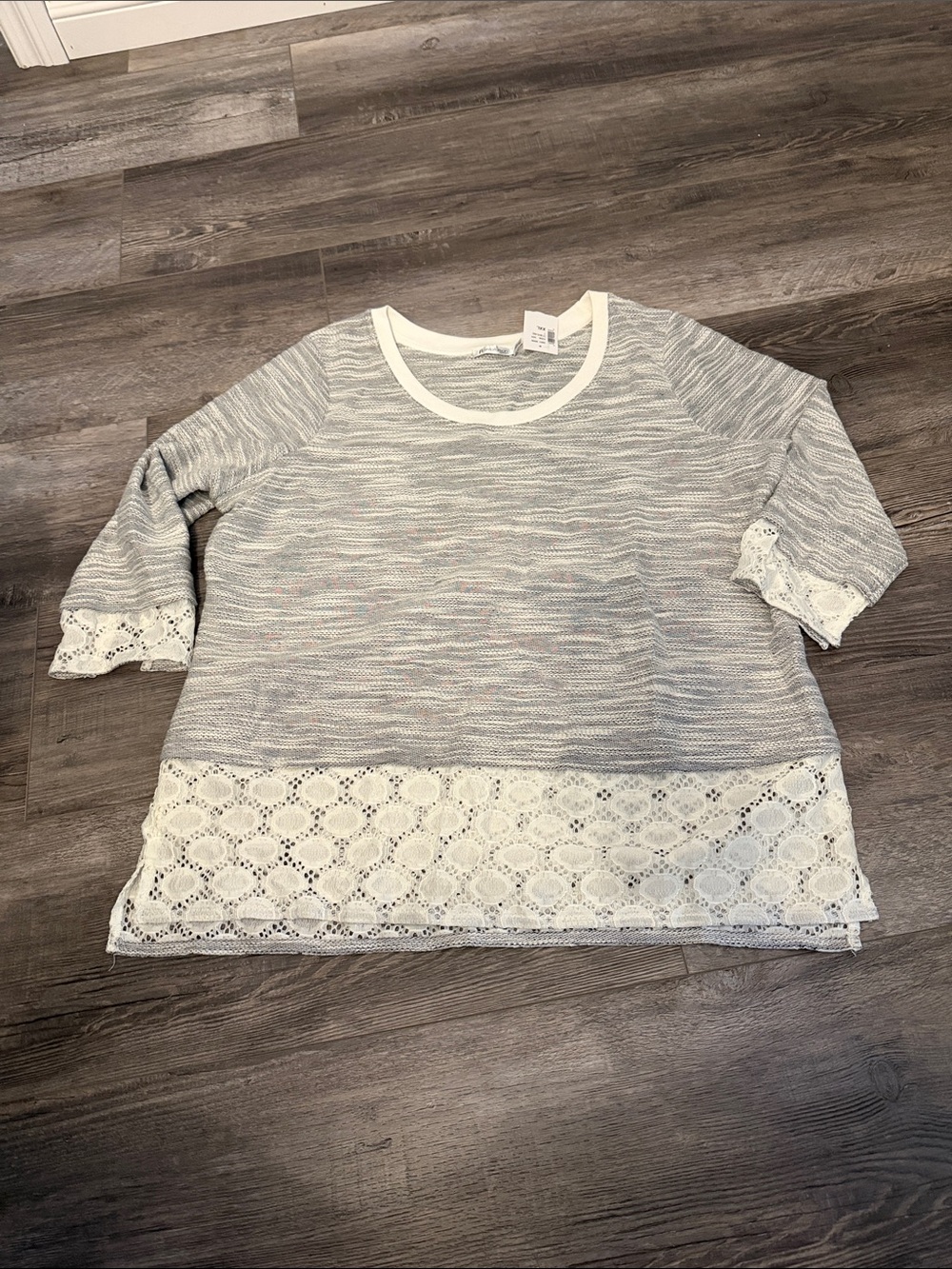 Revolution Light Gray Knit Short Sleeve Top with White Lace Trim